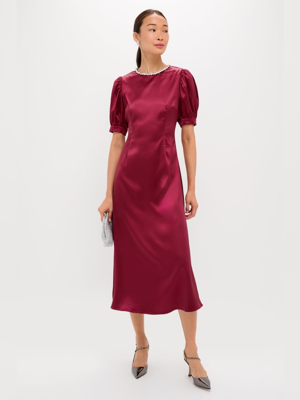 Hyacinth House Tuckernuck Oxblood Embellished Sappho Satin Midi Dress, Size S